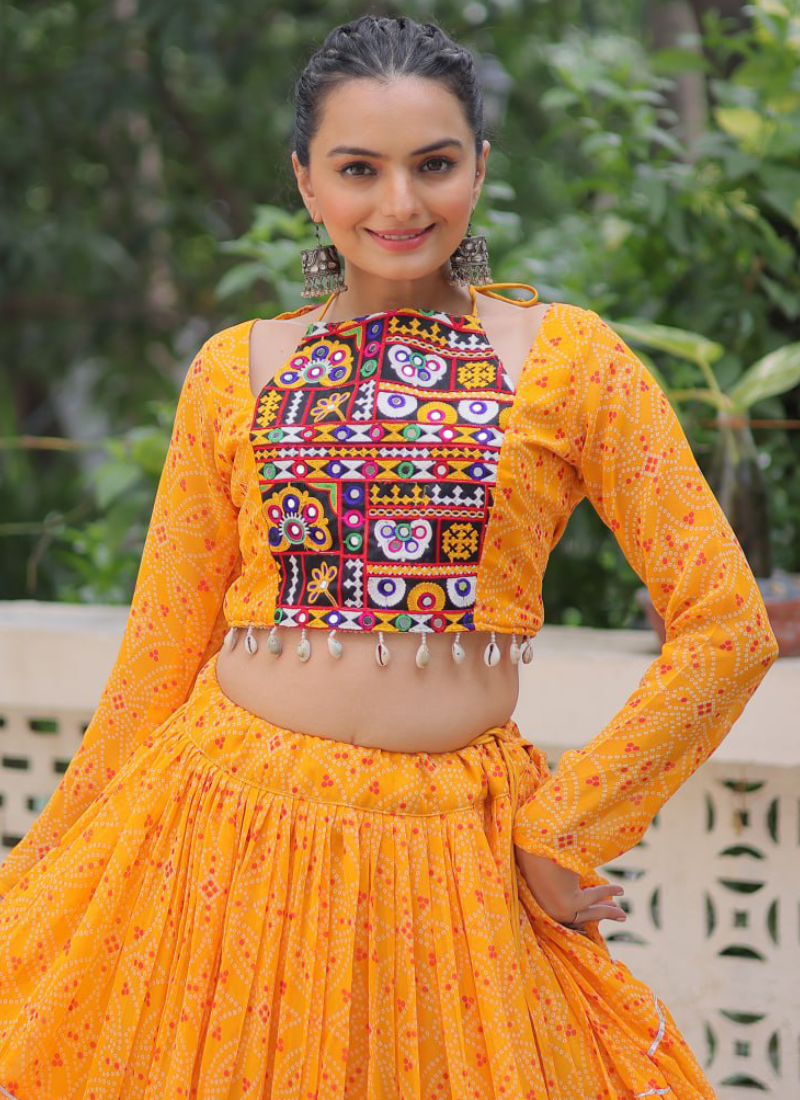 Navratri Special Bandhani Print Georgette Gamthi Work Yellow Crop Top