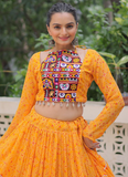 Navratri Special Bandhani Print Georgette Gamthi Work Yellow Crop Top
