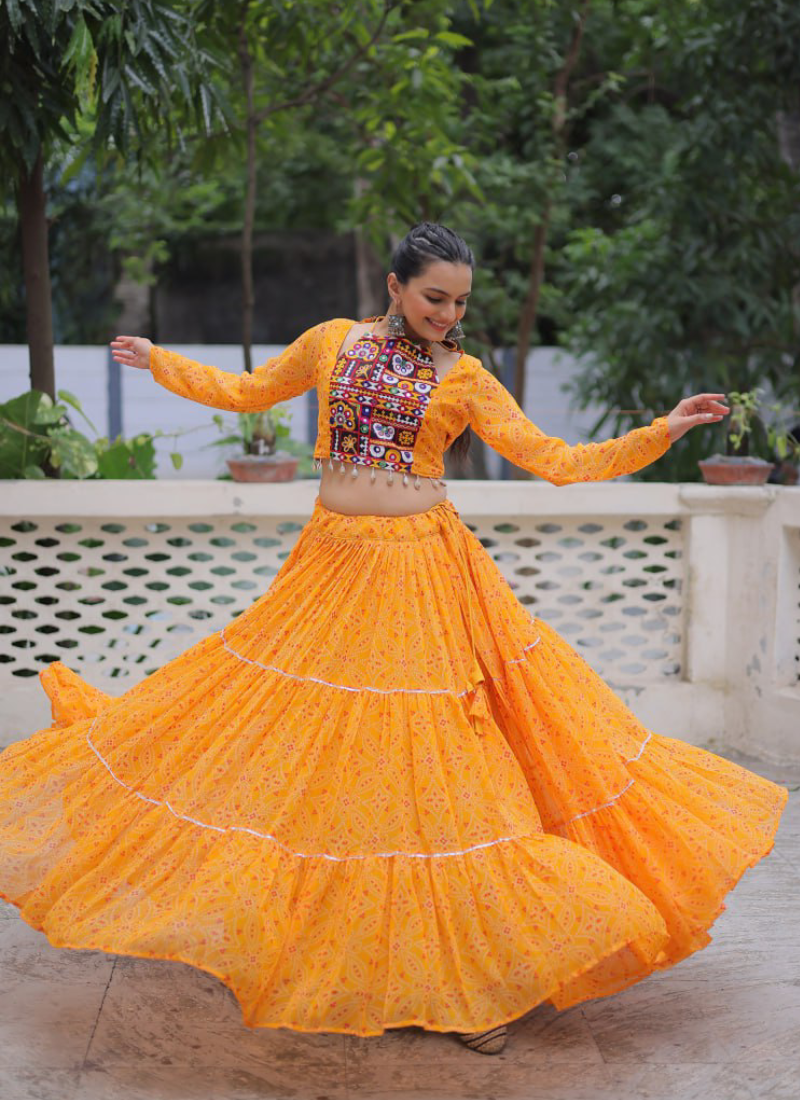 Navratri Special Bandhani Print Georgette Gamthi Work Yellow Crop Top