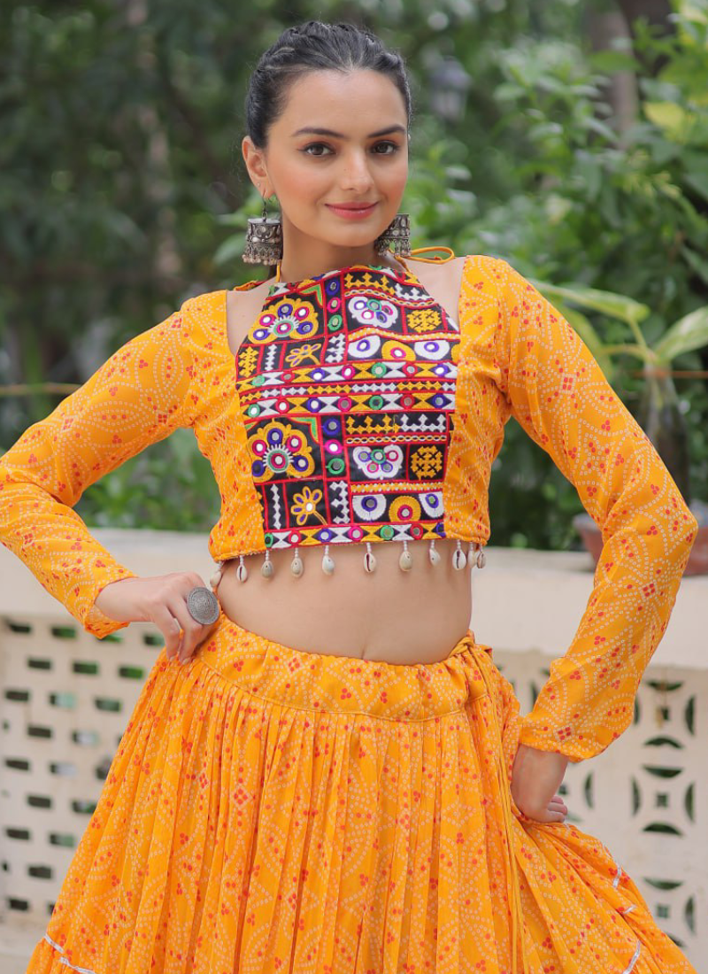 Navratri Special Bandhani Print Georgette Gamthi Work Yellow Crop Top