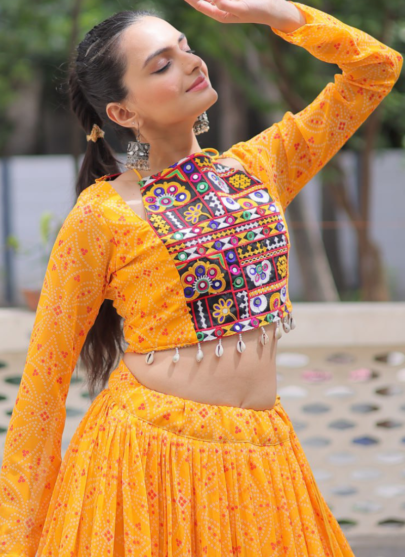 Navratri Special Bandhani Print Georgette Gamthi Work Yellow Crop Top