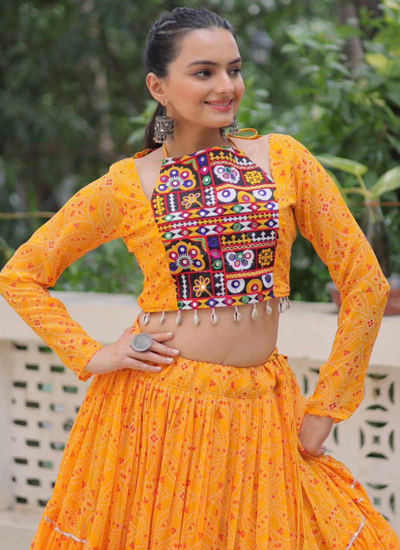 Navratri Special Bandhani Print Georgette Gamthi Work Yellow Crop Top