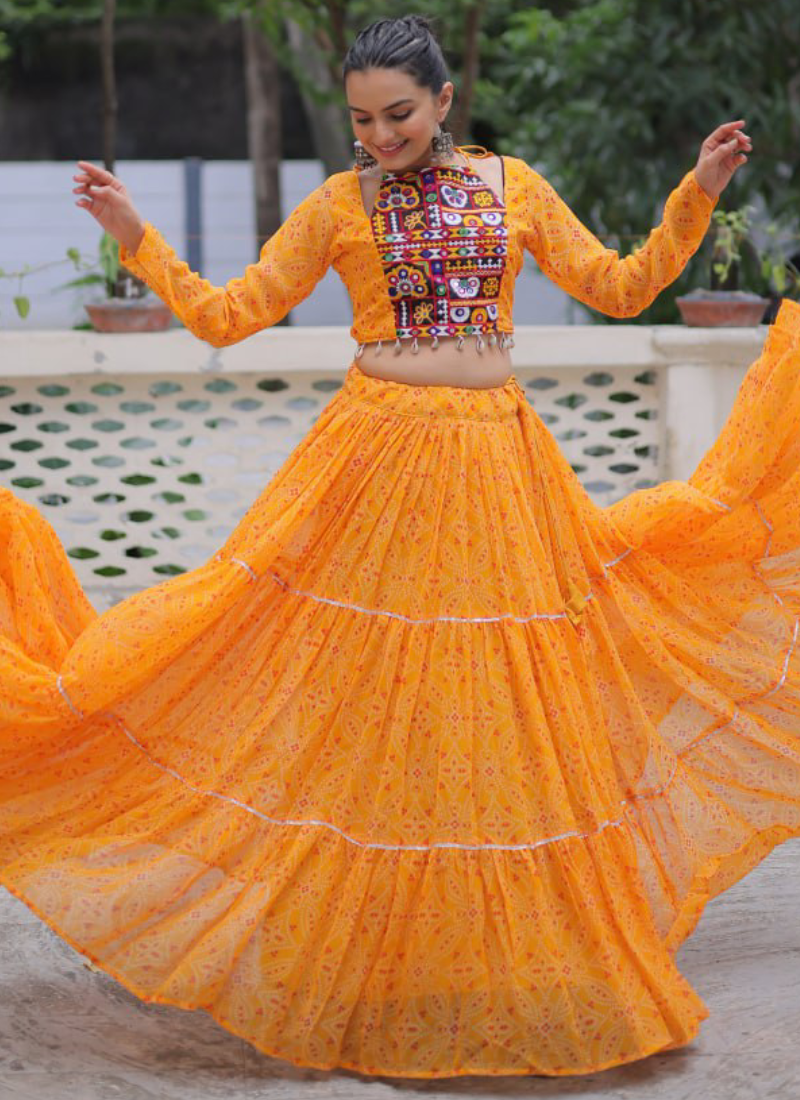 Navratri Special Bandhani Print Georgette Gamthi Work Yellow Crop Top