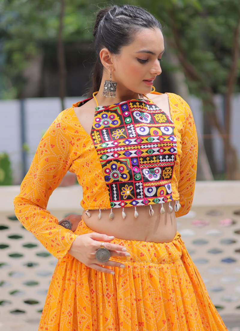 Navratri Special Bandhani Print Georgette Gamthi Work Yellow Crop Top