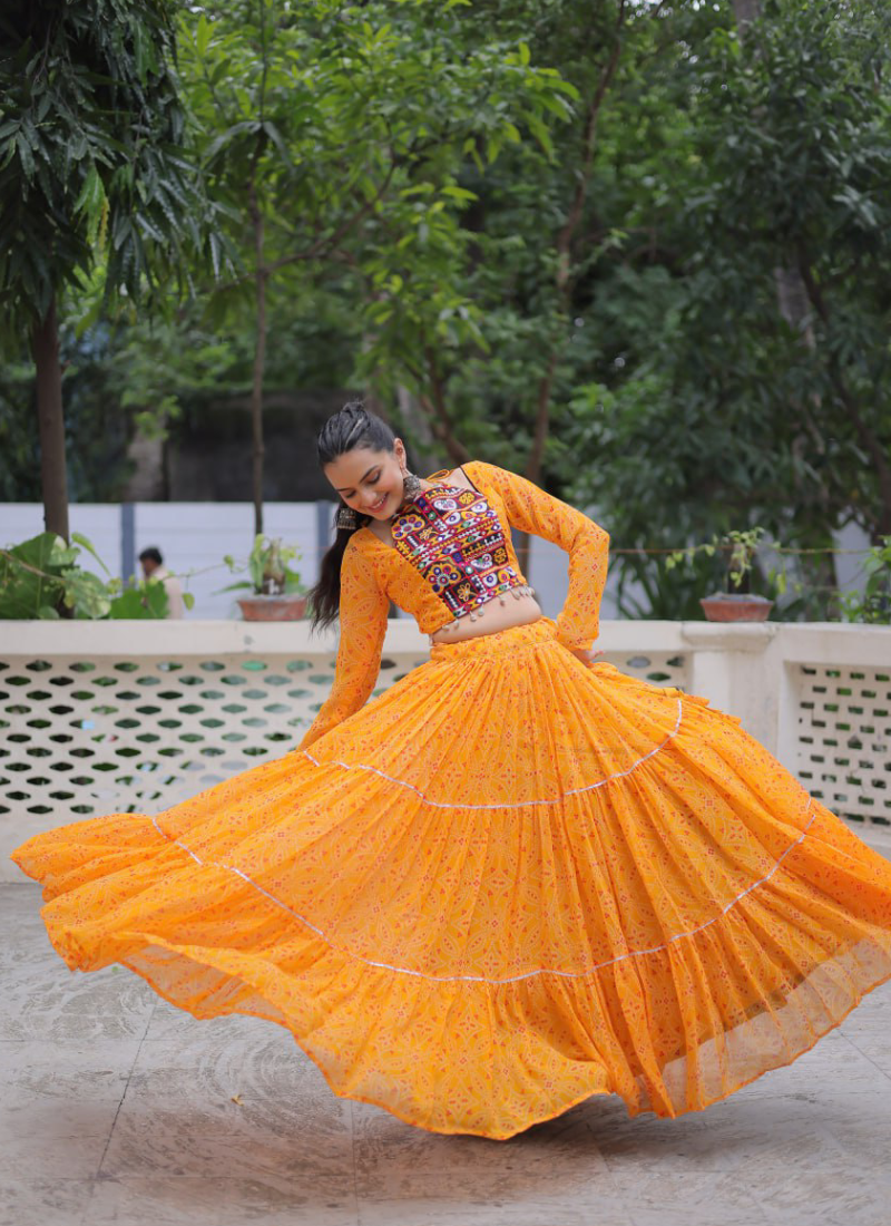 Navratri Special Bandhani Print Georgette Gamthi Work Yellow Crop Top