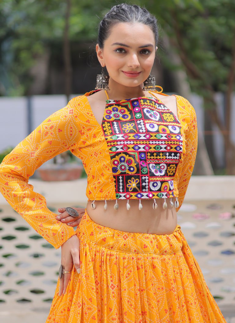 Navratri Special Bandhani Print Georgette Gamthi Work Yellow Crop Top