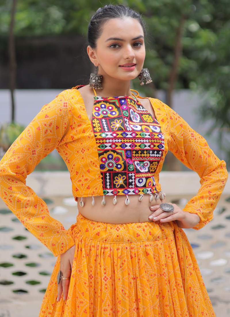 Navratri Special Bandhani Print Georgette Gamthi Work Yellow Crop Top