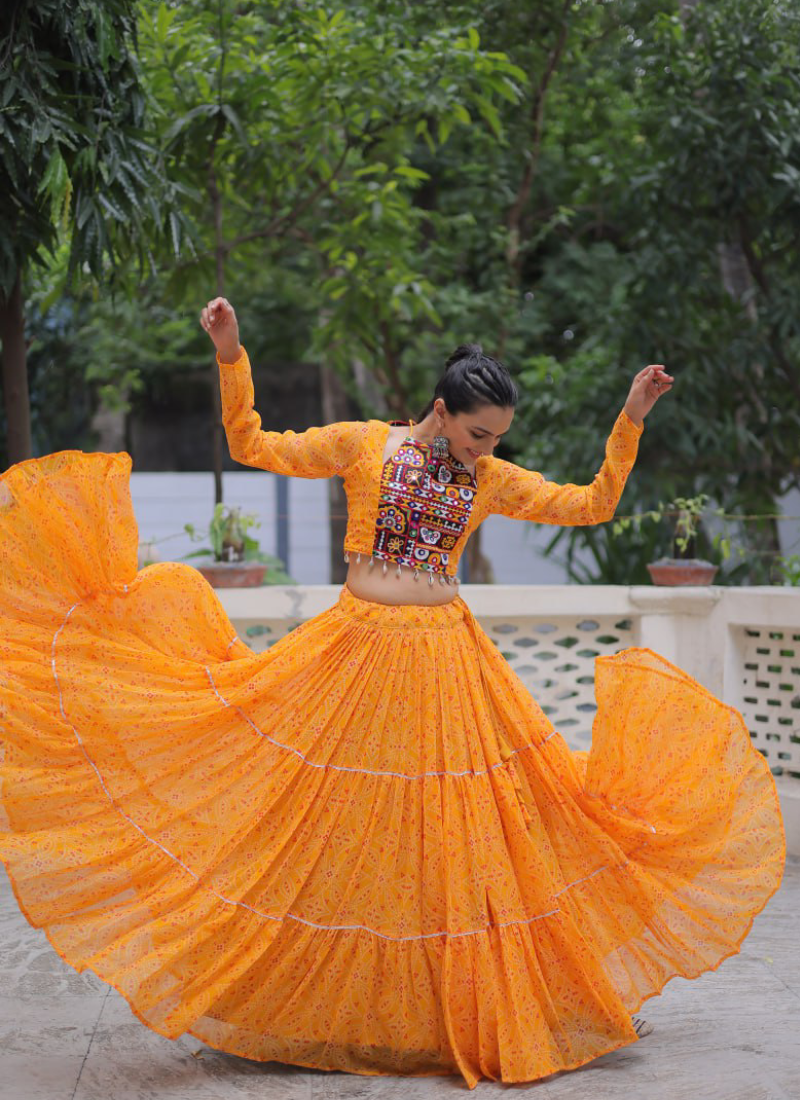 Navratri Special Bandhani Print Georgette Gamthi Work Yellow Crop Top