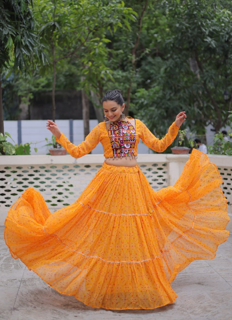 Navratri Special Bandhani Print Georgette Gamthi Work Yellow Crop Top