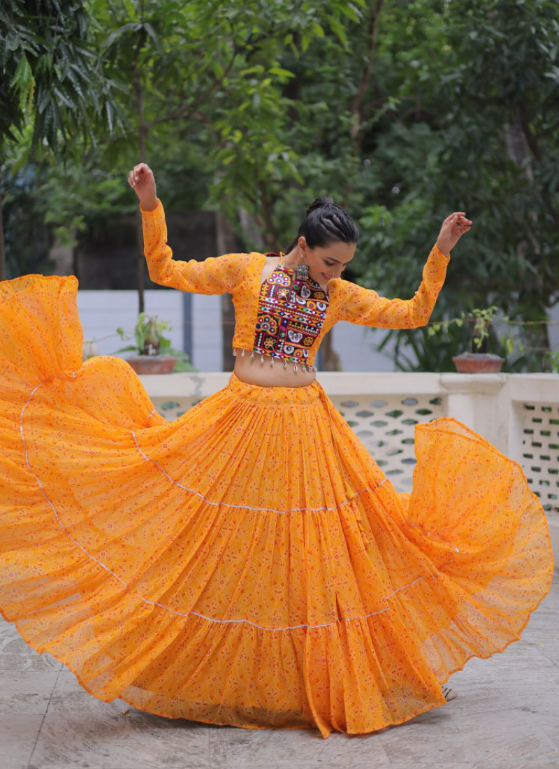Navratri Special Bandhani Print Georgette Gamthi Work Yellow Crop Top