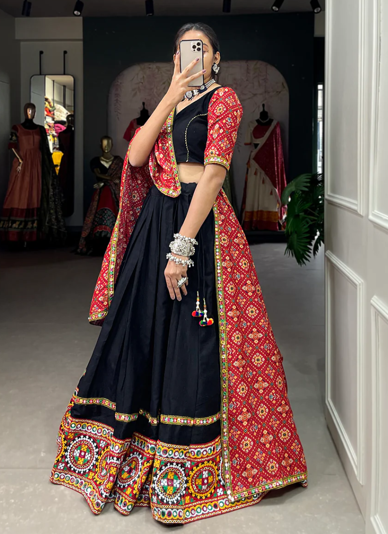 Black Georgette A Line Lehenga Choli with Red Embroidery Blouse 176417