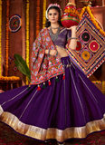 Navratri Special Gamthi Embroidery Real Mirror Silk Purple Lehenga Set
