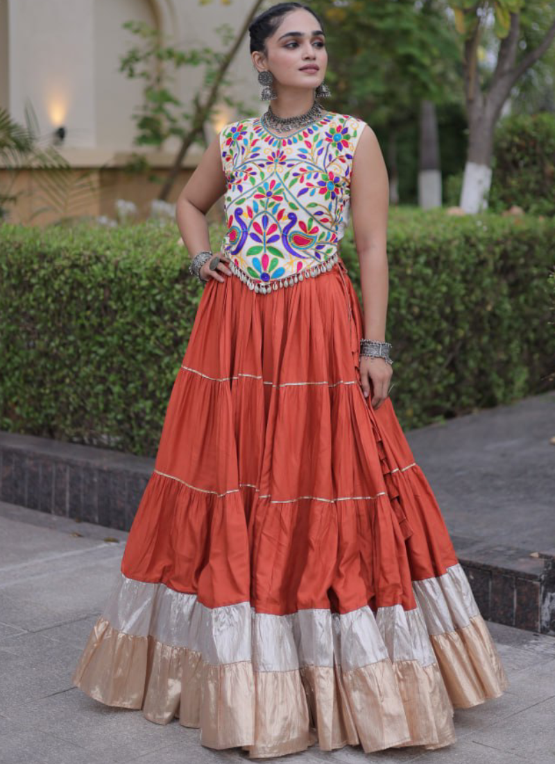 Navratri Special Kutchi Embroidered Rayon Orange Frill Lehenga Choli