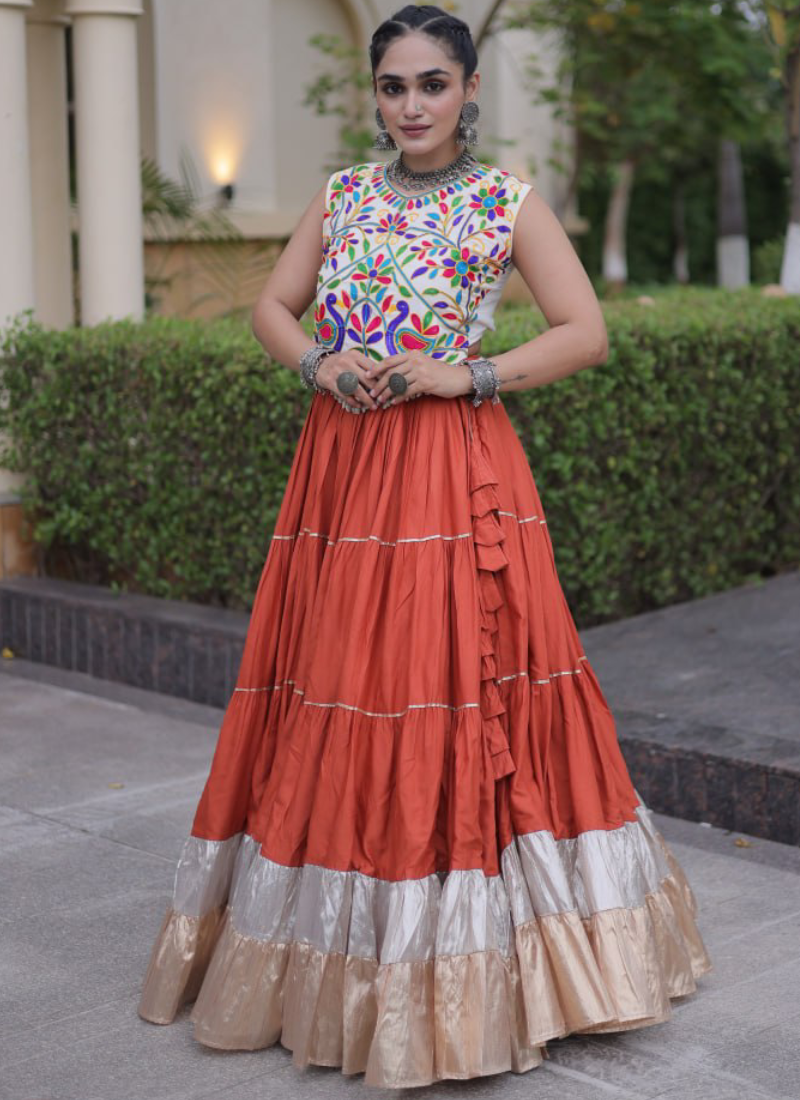 Navratri Special Kutchi Embroidered Rayon Orange Frill Lehenga Choli
