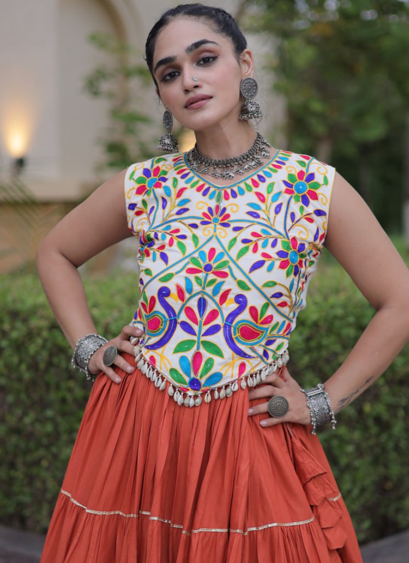 Navratri Special Kutchi Embroidered Rayon Orange Frill Lehenga Choli