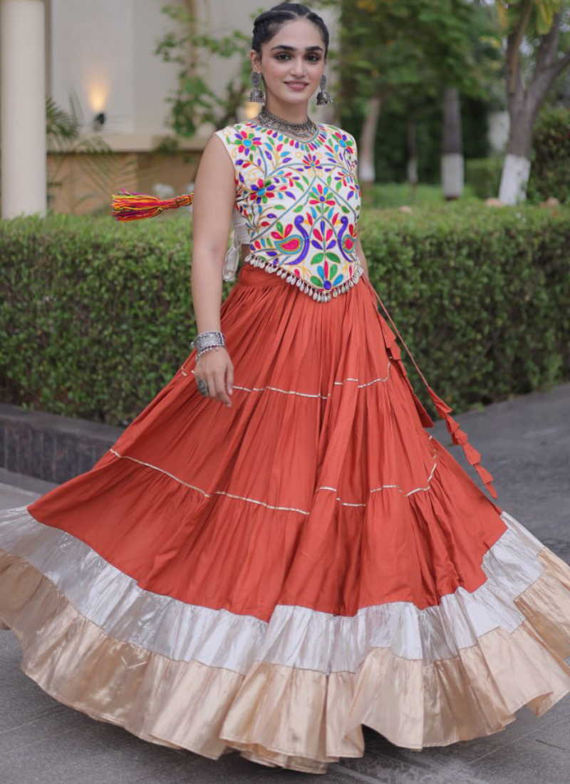 Navratri Special Kutchi Embroidered Rayon Orange Frill Lehenga Choli