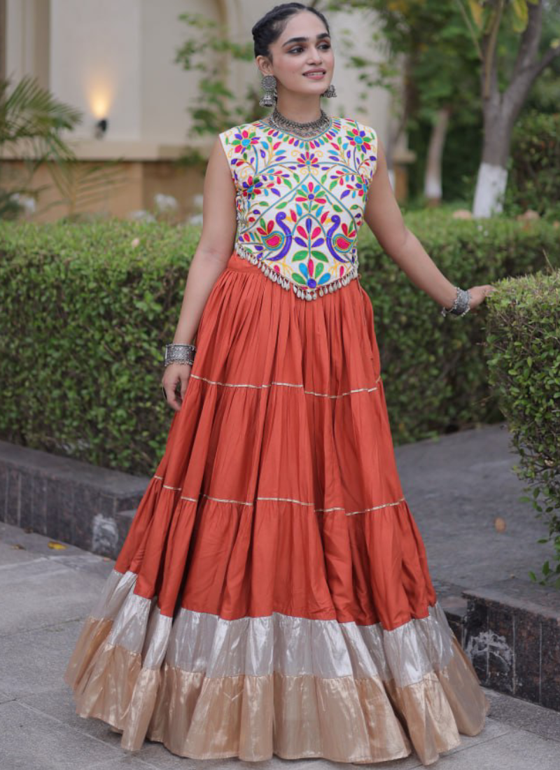 Navratri Special Kutchi Embroidered Rayon Orange Frill Lehenga Choli