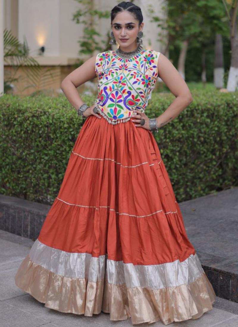 Navratri Special Kutchi Embroidered Rayon Orange Frill Lehenga Choli