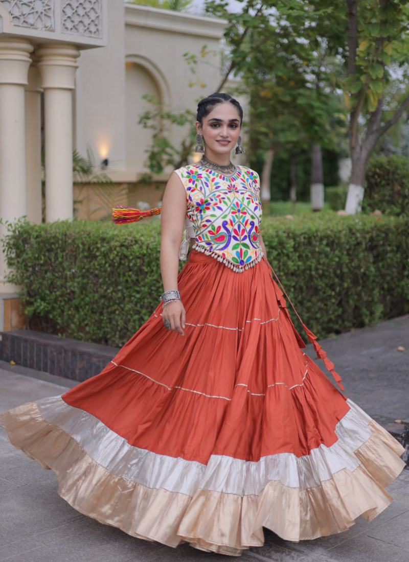 Navratri Special Kutchi Embroidered Rayon Orange Frill Lehenga Choli