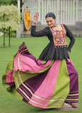 Navratri Special Multicolor Rayon Silk Gamthi Work Lehenga With Kediya