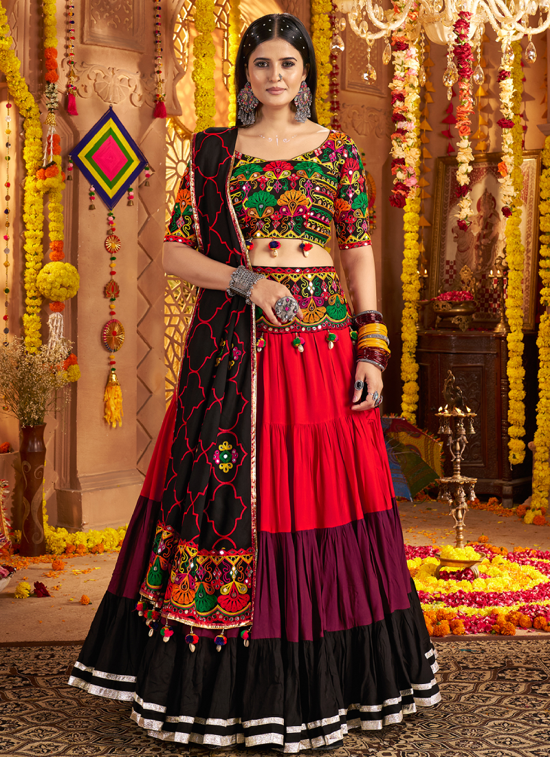 Navratri Special Real Mirror Gamthi Work Viscose Cotton Multi Lehenga