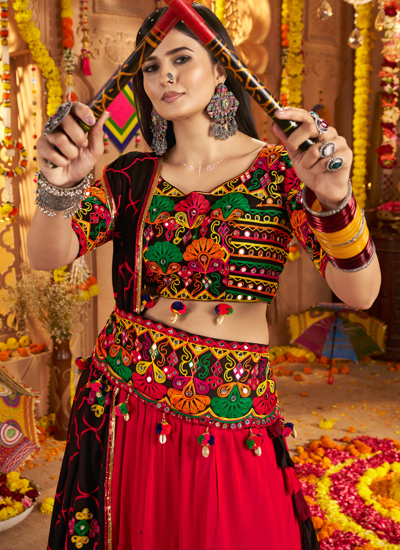 Navratri Special Real Mirror Gamthi Work Viscose Cotton Multi Lehenga