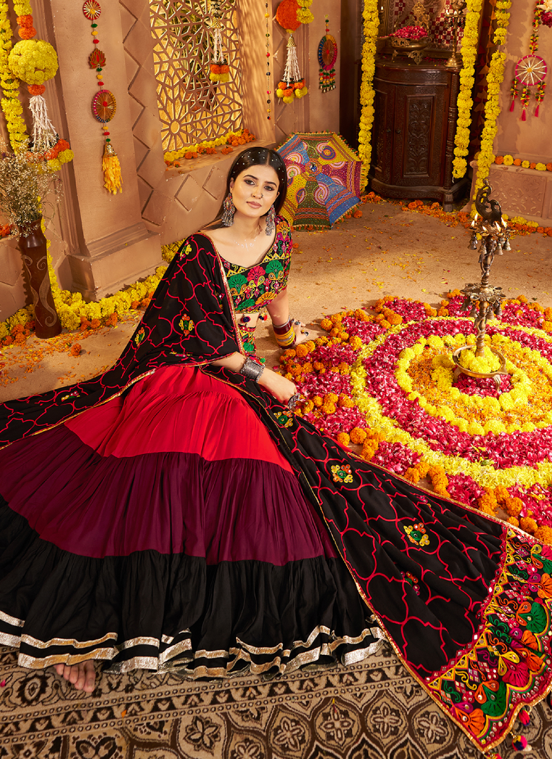 Navratri Special Real Mirror Gamthi Work Viscose Cotton Multi Lehenga