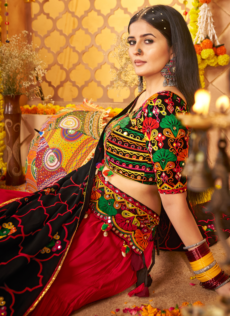 Navratri Special Real Mirror Gamthi Work Viscose Cotton Multi Lehenga