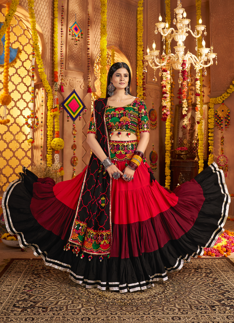 Navratri Special Real Mirror Gamthi Work Viscose Cotton Multi Lehenga