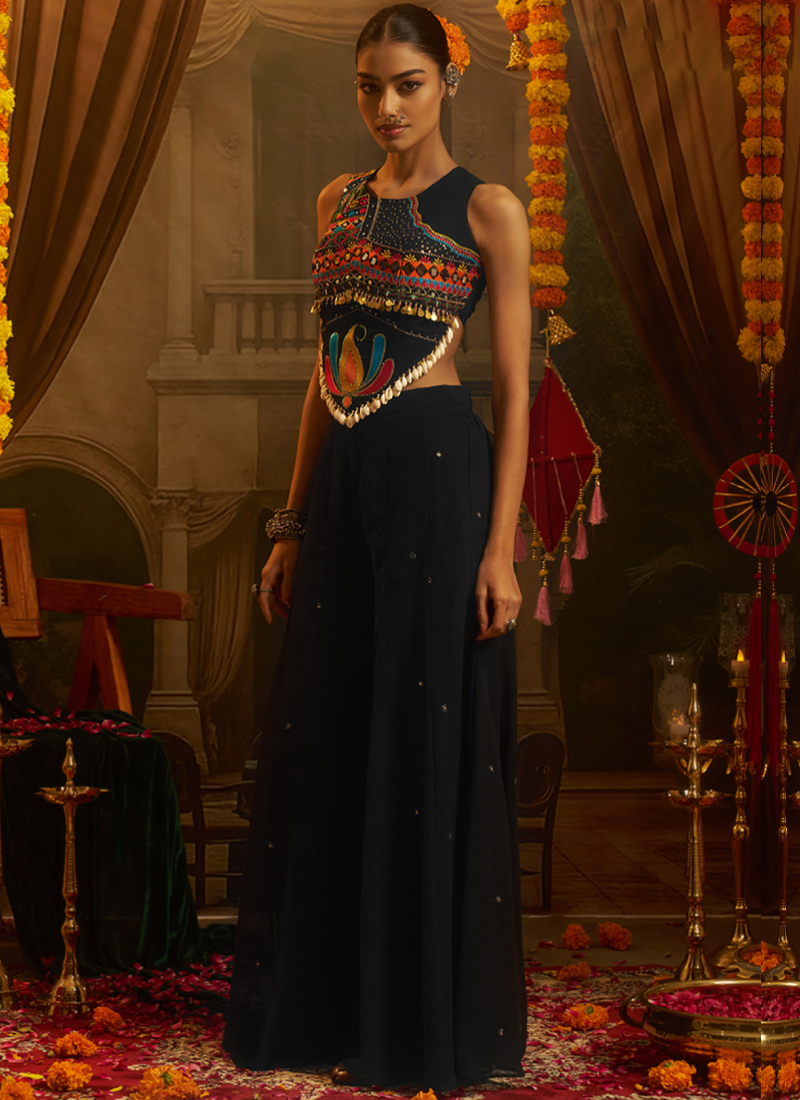 Navratri Style Black Thread Mirror With Shells Georgette Palazzo Suit