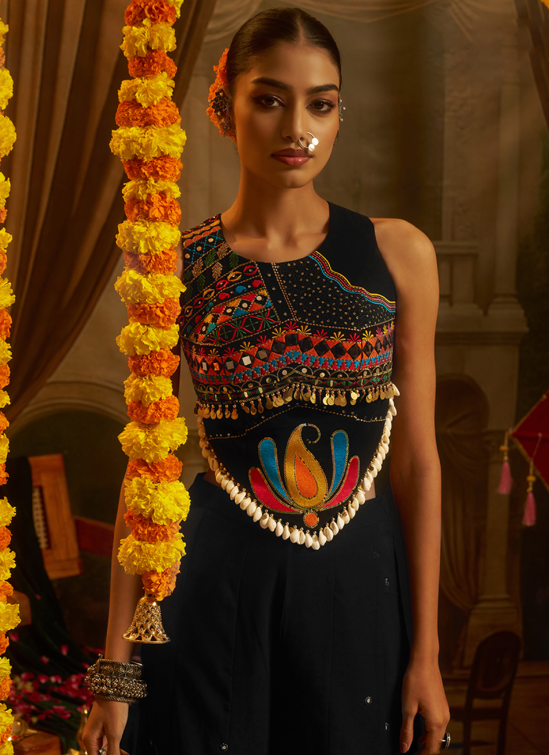 Navratri Style Black Thread Mirror With Shells Georgette Palazzo Suit