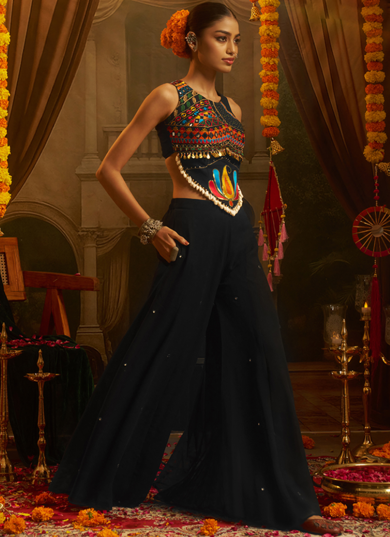 Navratri Style Black Thread Mirror With Shells Georgette Palazzo Suit
