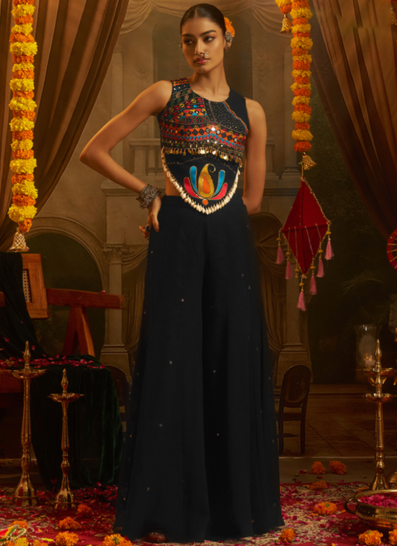 Navratri Style Black Thread Mirror With Shells Georgette Palazzo Suit