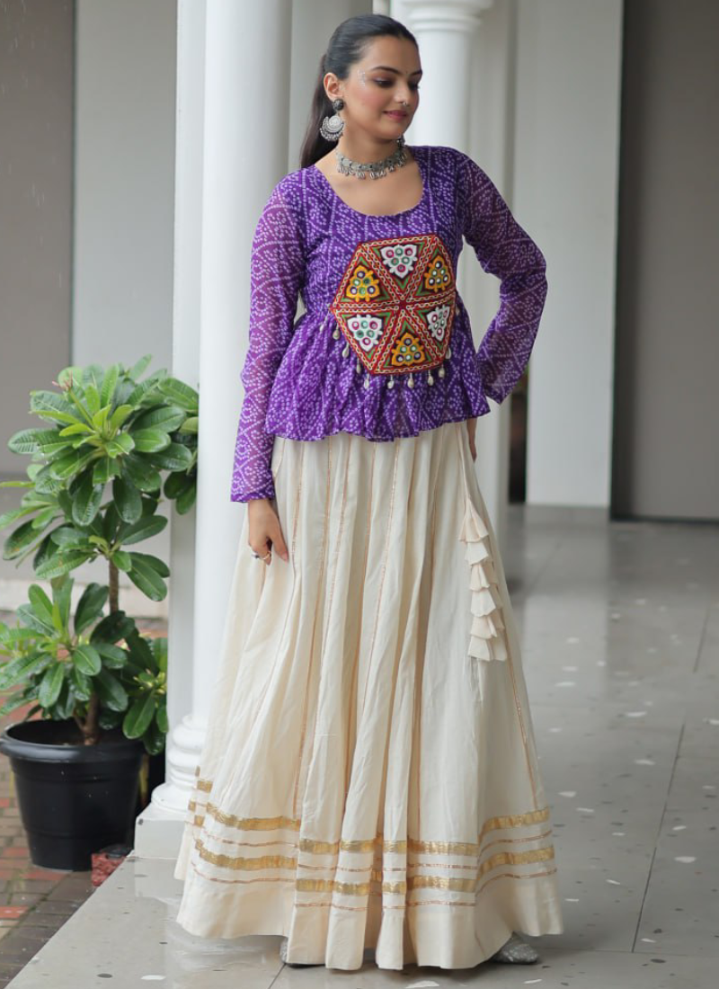 Navratri Wear Bandhani Print Gota Patti Work Cotton Beige Crop Top