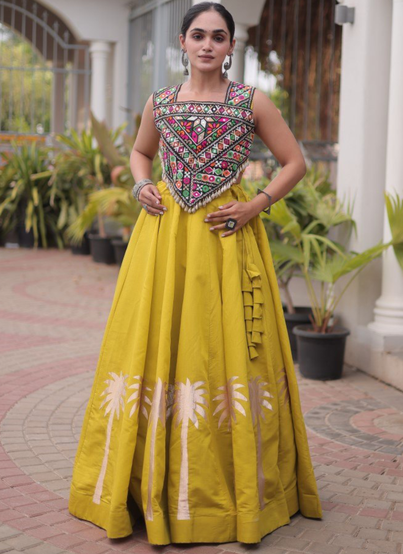 Navratri Wear Coconut Gota Work Mustard Yellow Roman Lehenga Choli
