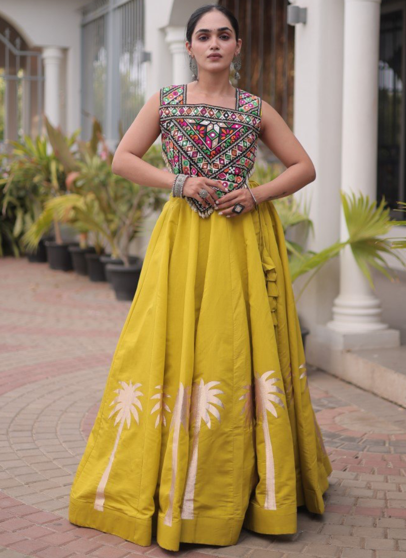 Navratri Wear Coconut Gota Work Mustard Yellow Roman Lehenga Choli