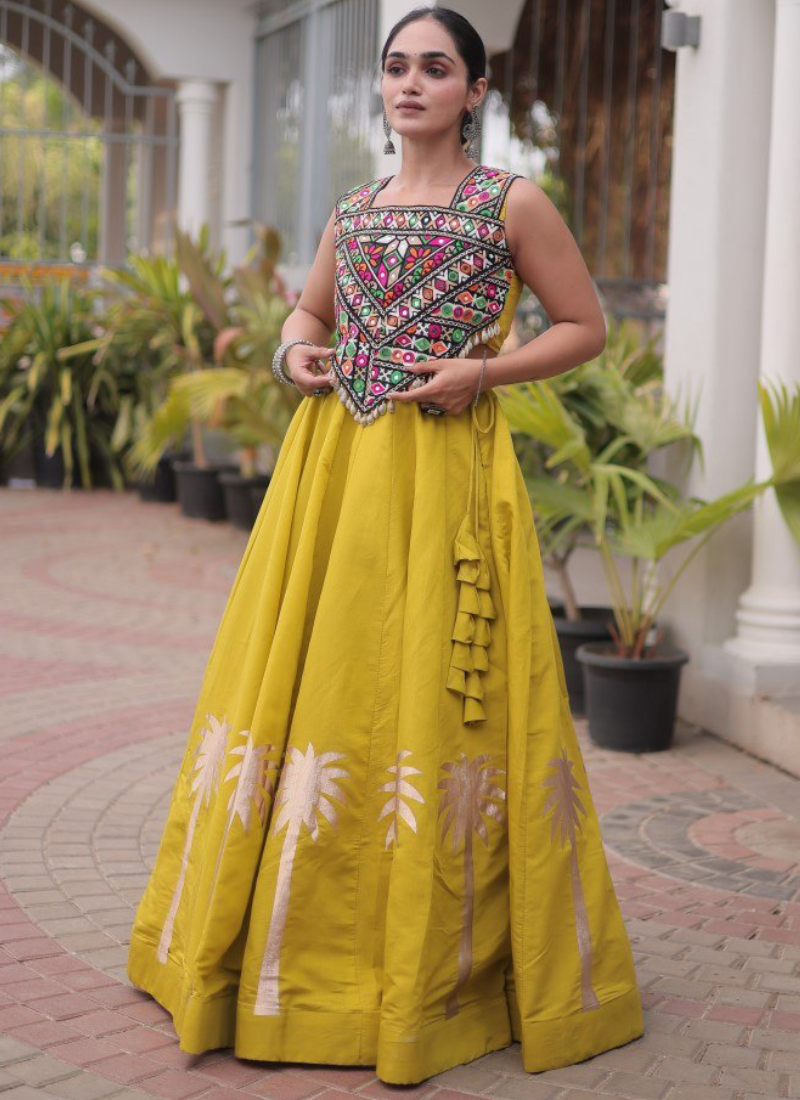 Navratri Wear Coconut Gota Work Mustard Yellow Roman Lehenga Choli