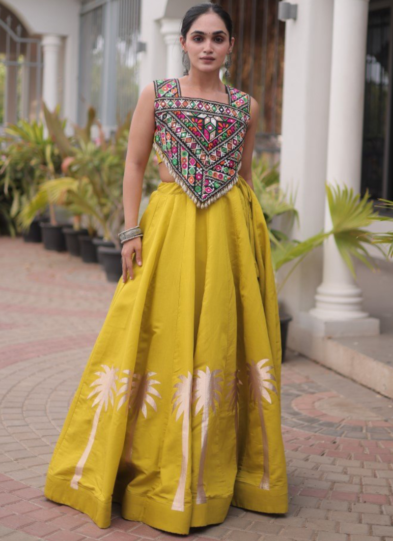 Navratri Wear Coconut Gota Work Mustard Yellow Roman Lehenga Choli