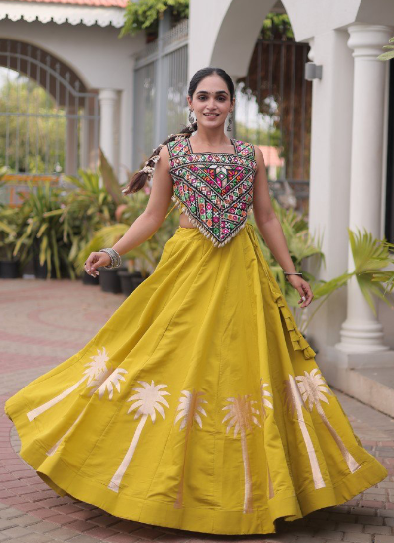 Navratri Wear Coconut Gota Work Mustard Yellow Roman Lehenga Choli