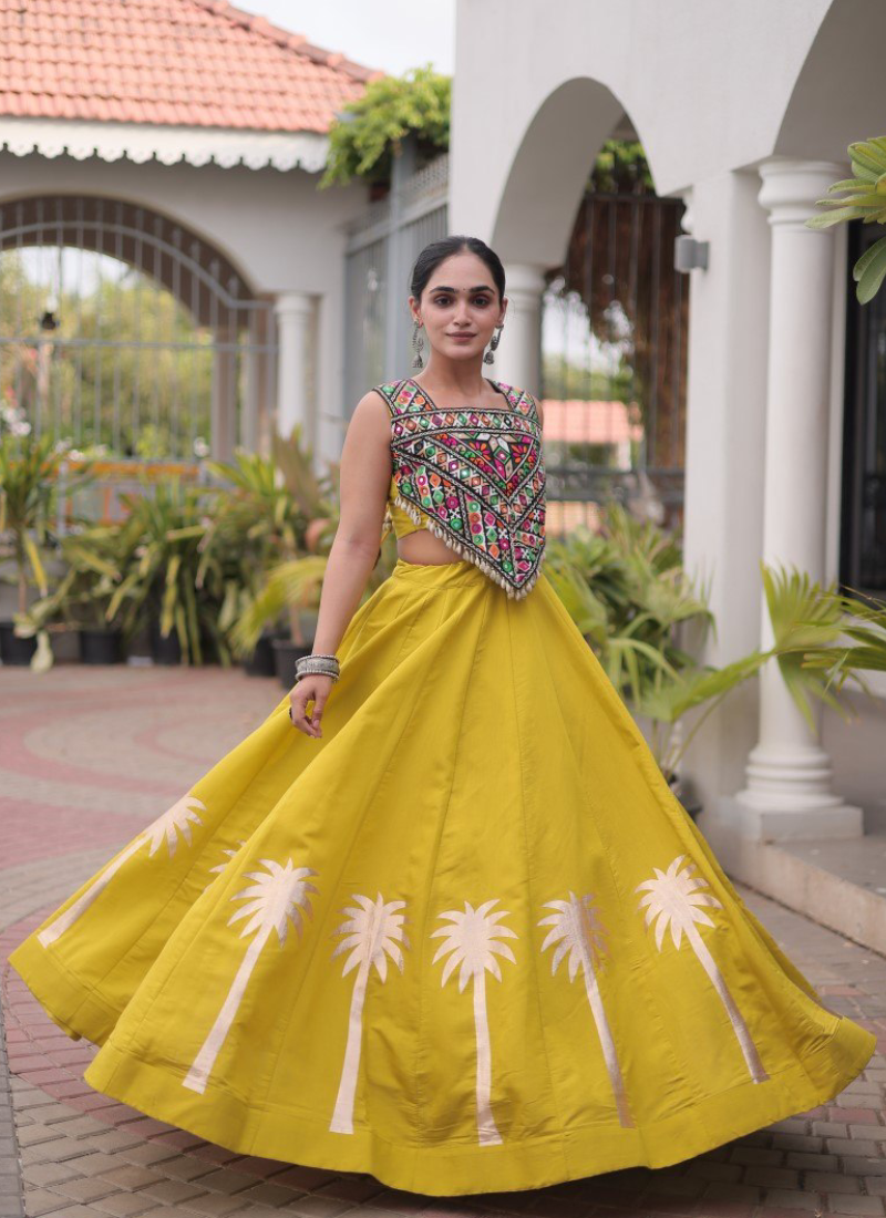 Navratri Wear Coconut Gota Work Mustard Yellow Roman Lehenga Choli