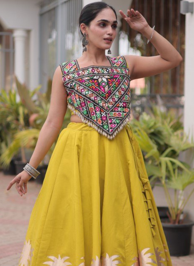 Navratri Wear Coconut Gota Work Mustard Yellow Roman Lehenga Choli