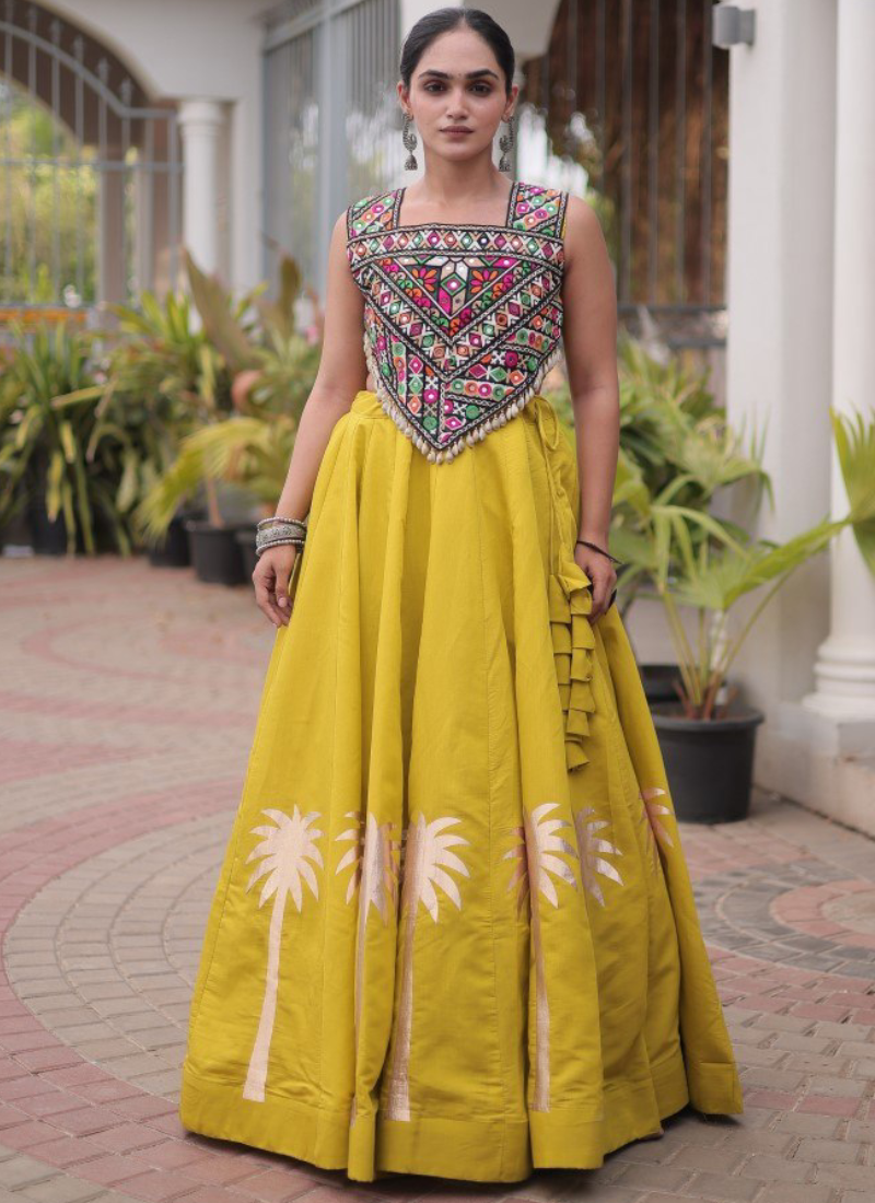 Navratri Wear Coconut Gota Work Mustard Yellow Roman Lehenga Choli