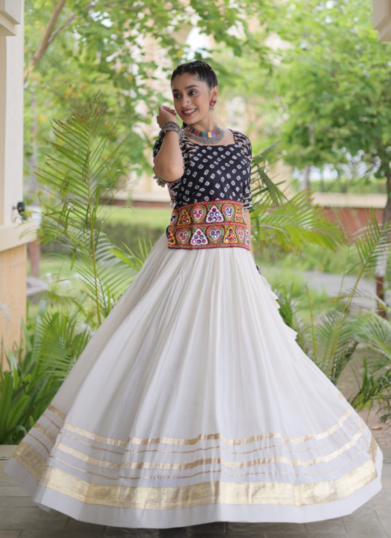 Navratri Wear Cotton Bandhani Gamthi Embroidery Black Lehenga Top Set