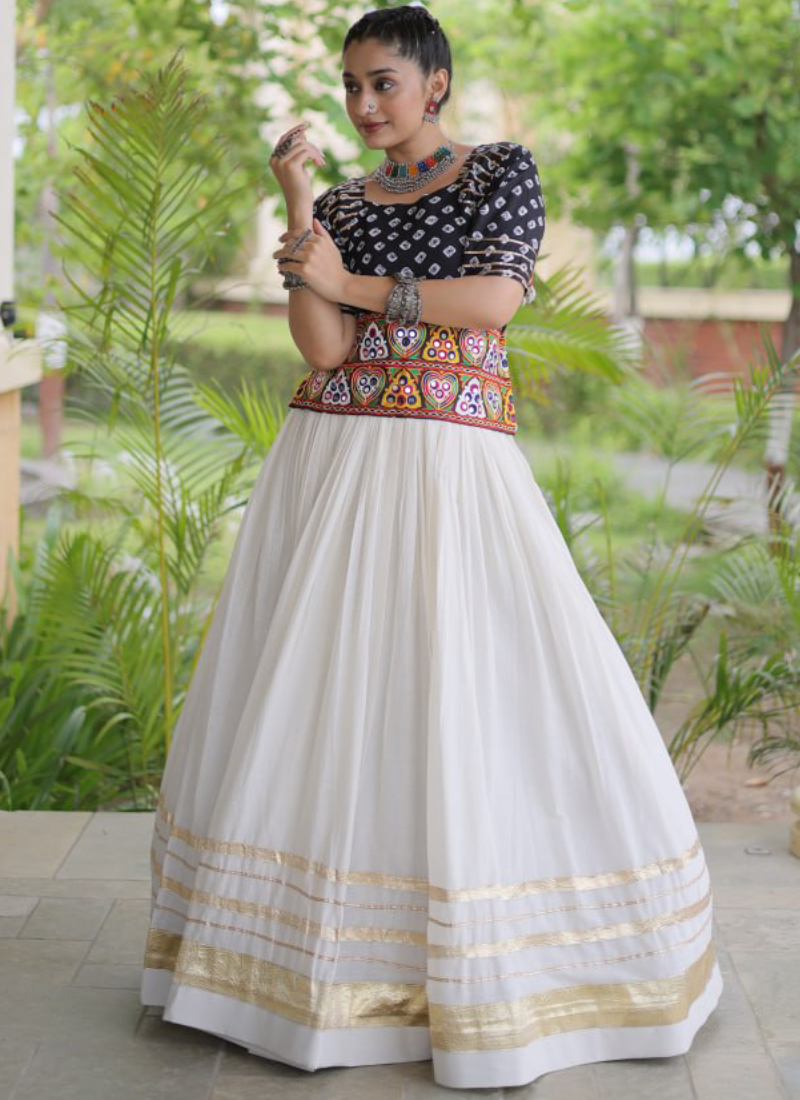 Navratri Wear Cotton Bandhani Gamthi Embroidery Black Lehenga Top Set