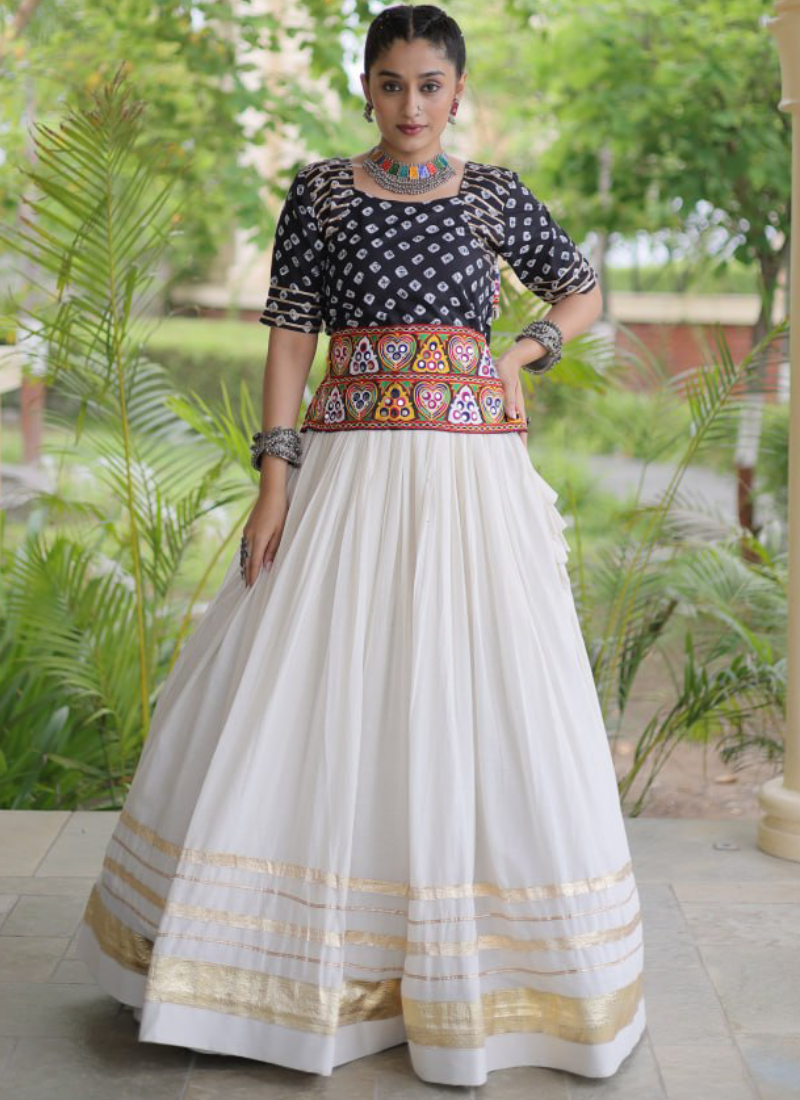 Navratri Wear Cotton Bandhani Gamthi Embroidery Black Lehenga Top Set