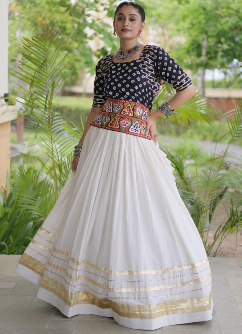 Navratri Wear Cotton Bandhani Gamthi Embroidery Black Lehenga Top Set