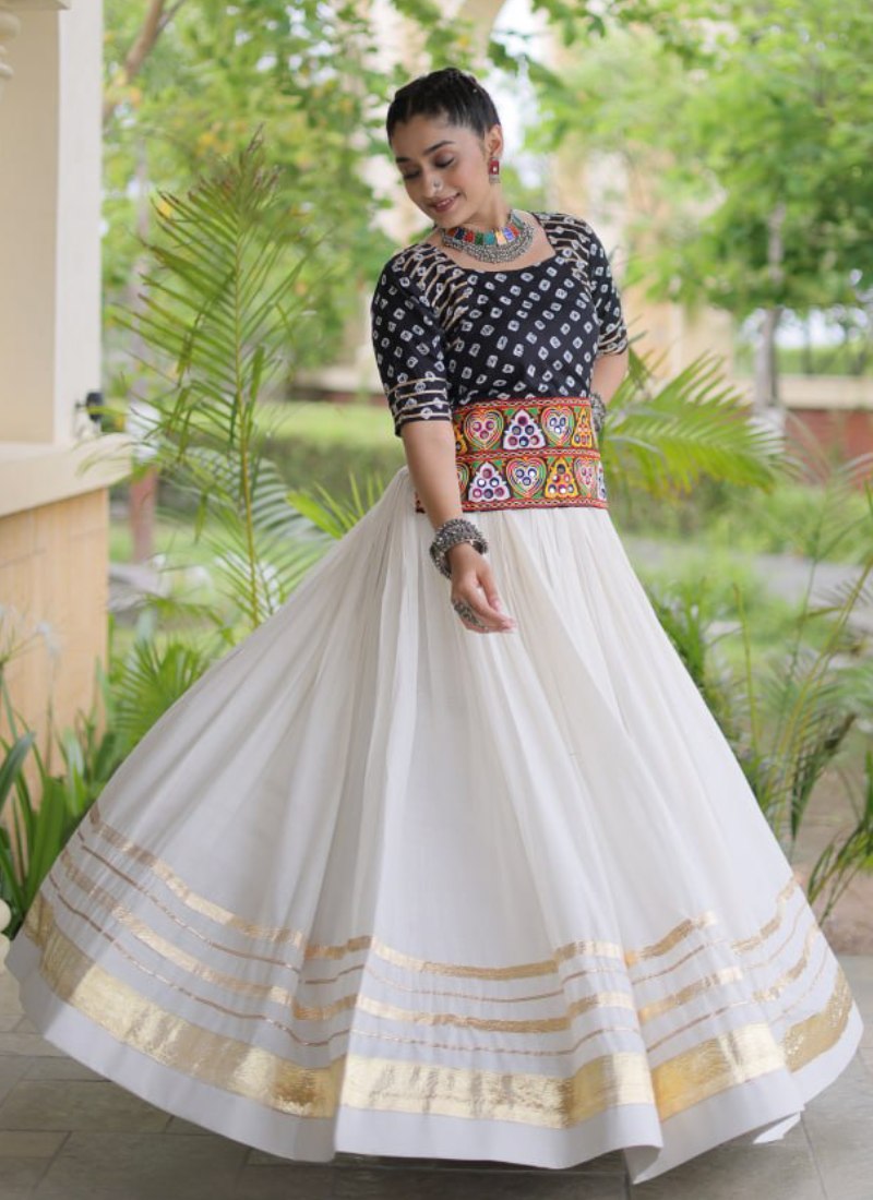 Navratri Wear Cotton Bandhani Gamthi Embroidery Black Lehenga Top Set