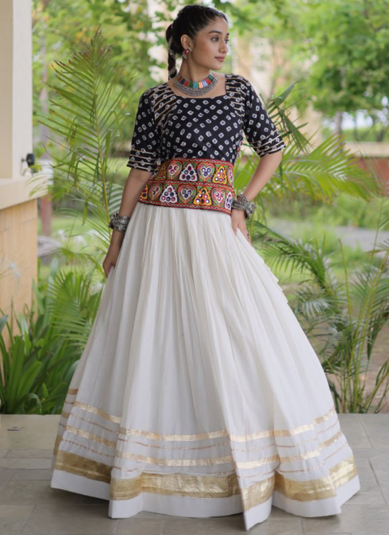 Navratri Wear Cotton Bandhani Gamthi Embroidery Black Lehenga Top Set