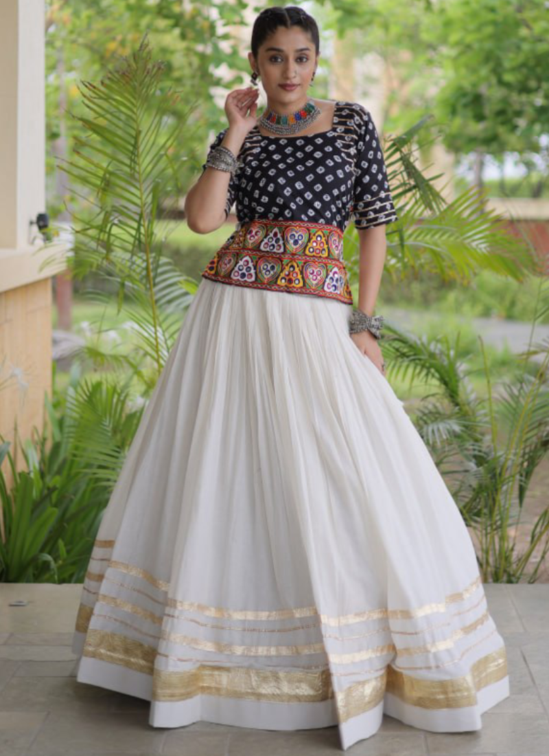 Navratri Wear Cotton Bandhani Gamthi Embroidery Black Lehenga Top Set