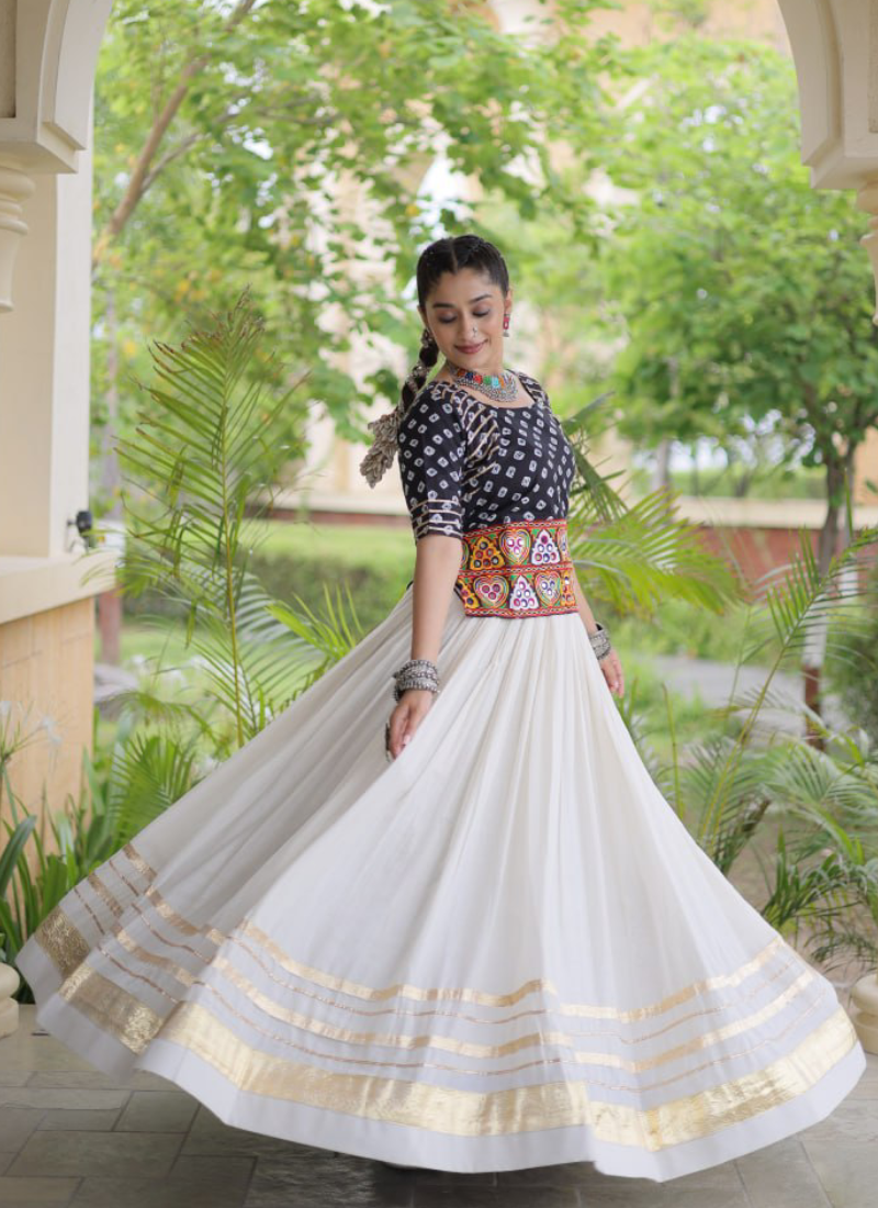 Navratri Wear Cotton Bandhani Gamthi Embroidery Black Lehenga Top Set
